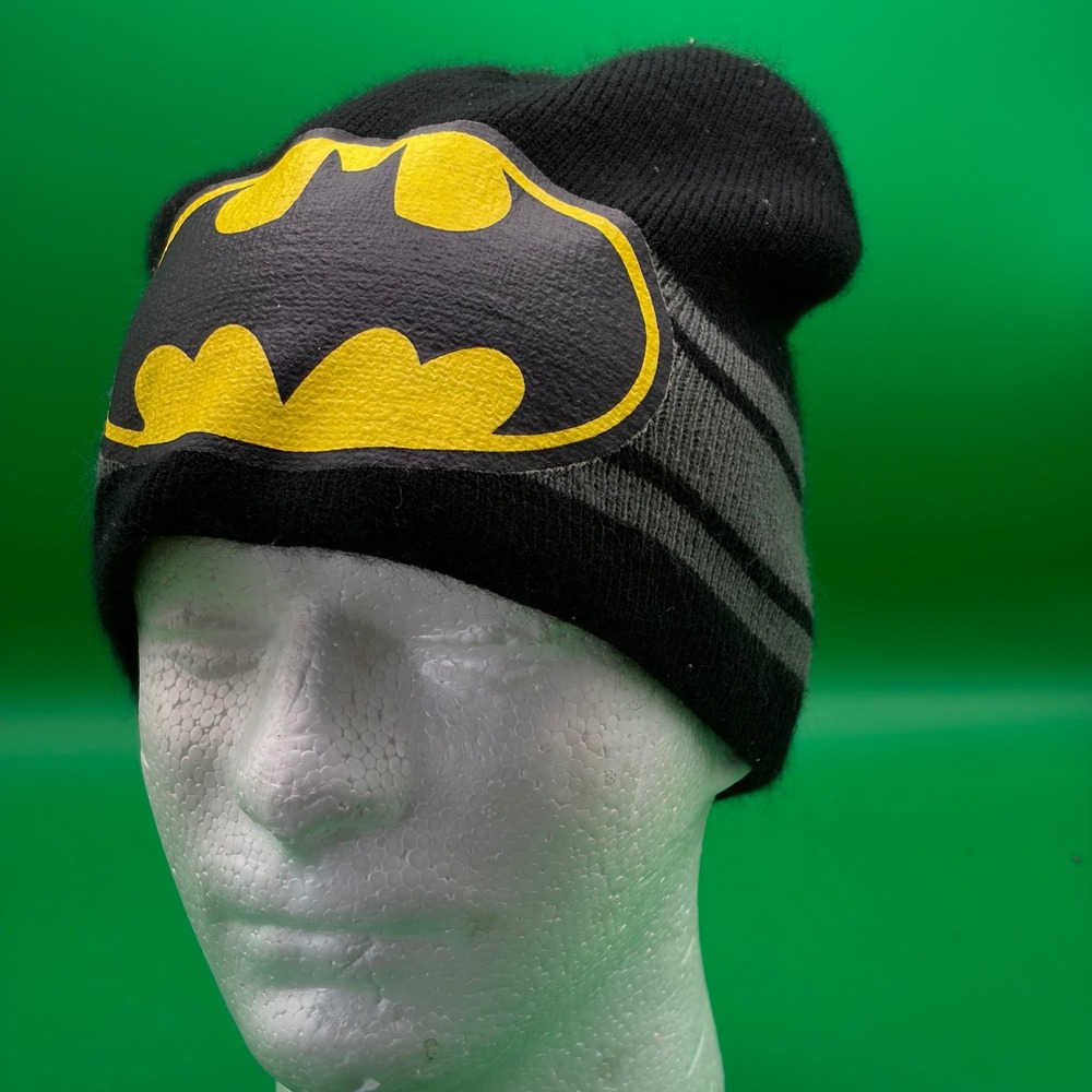 Batman Logo DC Comics Beanie OS Black Striped Cuffed Knit Winter Hat Superhero